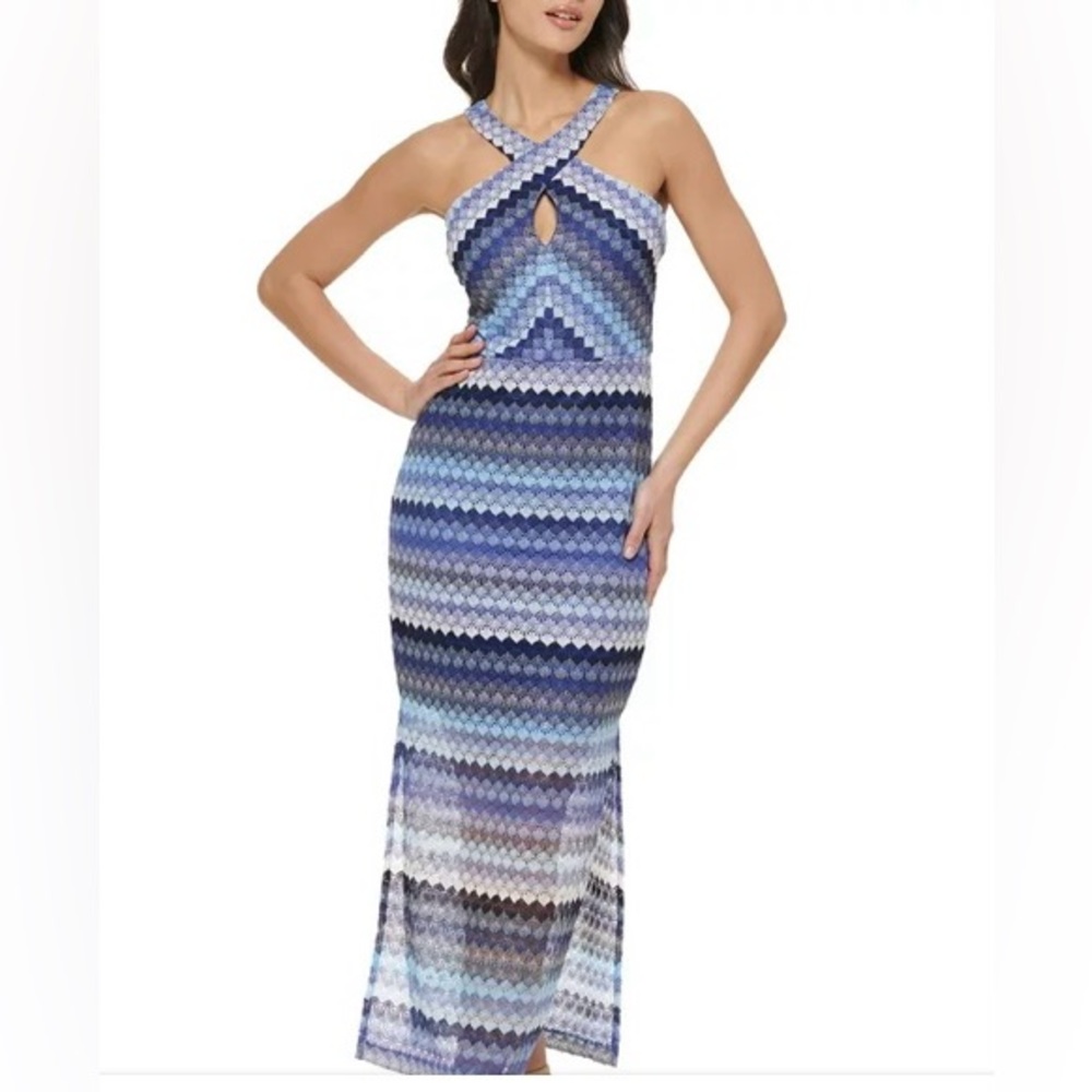 Guess Crocheted Halter Keyhole Maxi Dress